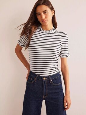 Boden Supersoft Frill Detail T-shirt Ivory Navy Stripe Size 16 18